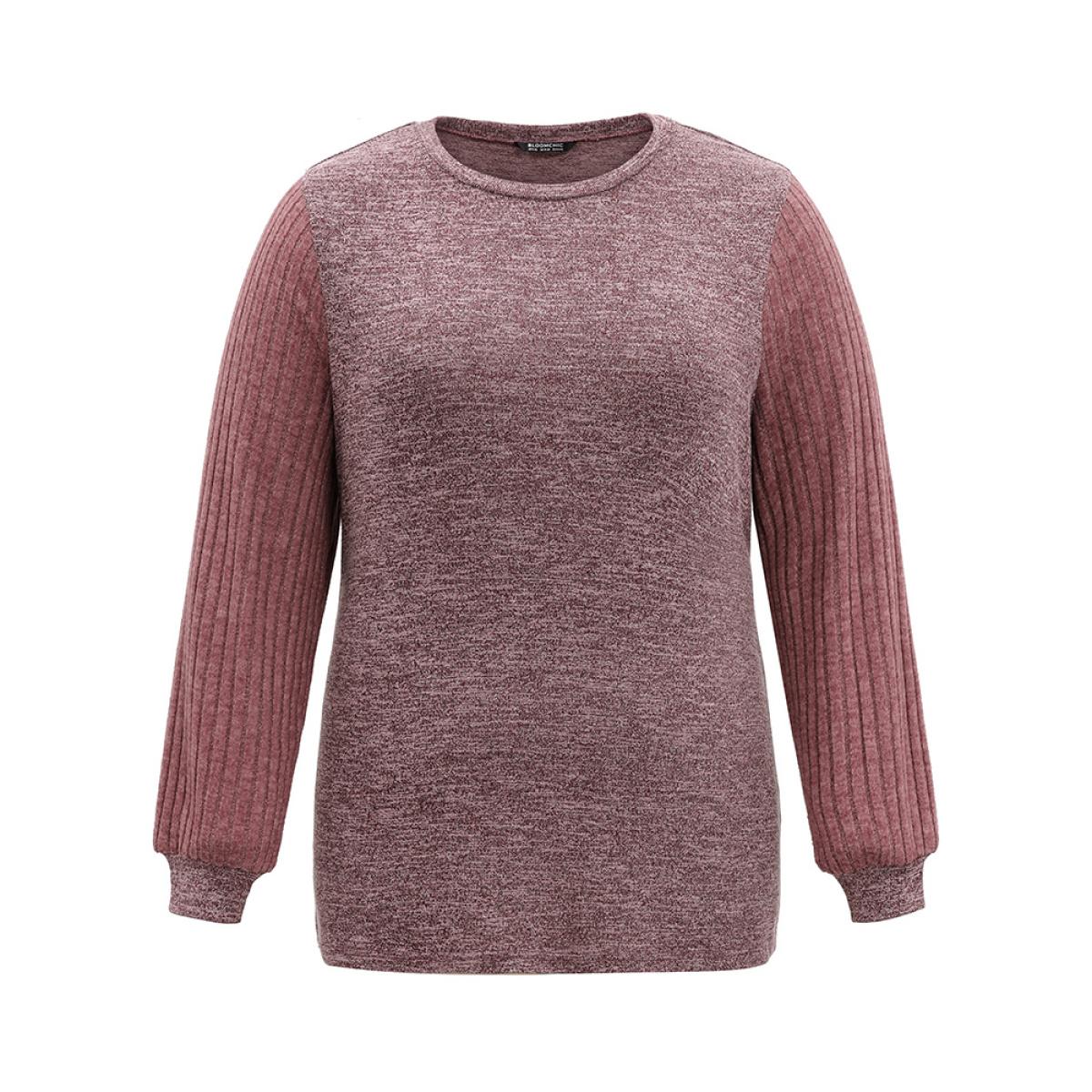Plus Size Heather Plisse Patchwork Crew Neck T-shirt Russet Women Casual Rib Knit Plain Round Neck Dailywear T-shirts BloomChic 30/6X Product Image