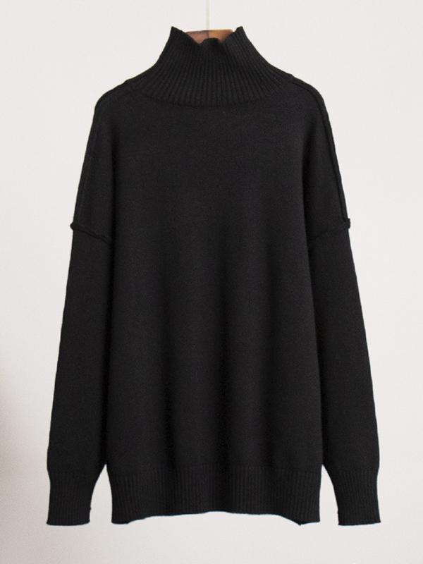 Long Sleeves Loose Solid Color Split-Joint High Neck Pullovers Sweater Tops Product Image