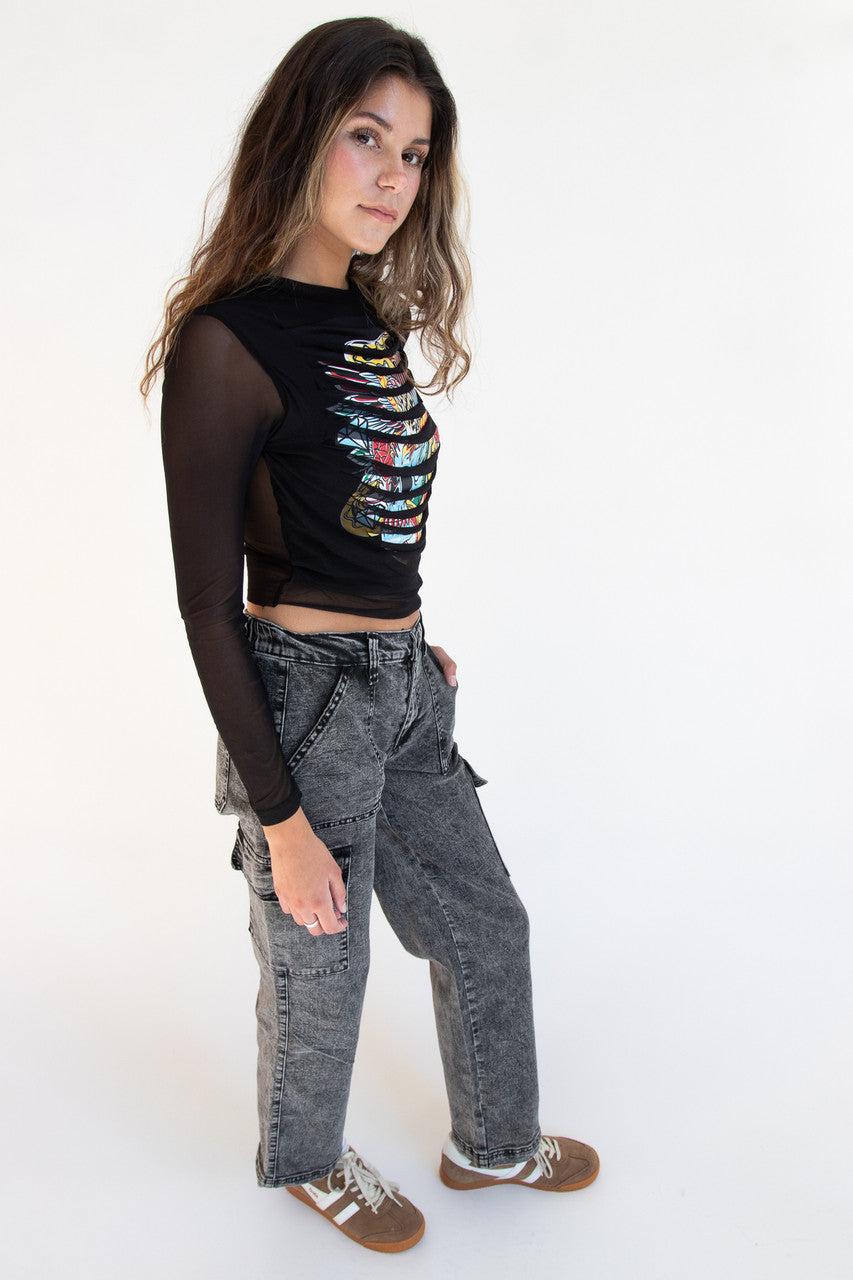 Distressed Skull Mesh Long Sleeve Top Product Image