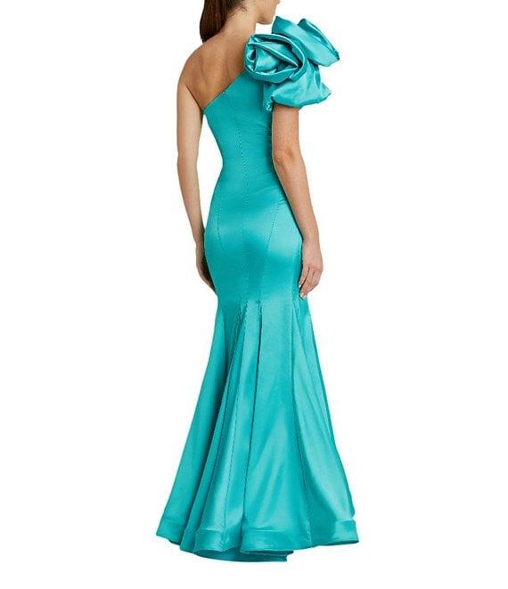 Mac Duggal Satin One Shoulder Neck Sleeveless Bow Detail Mermaid Gown Product Image
