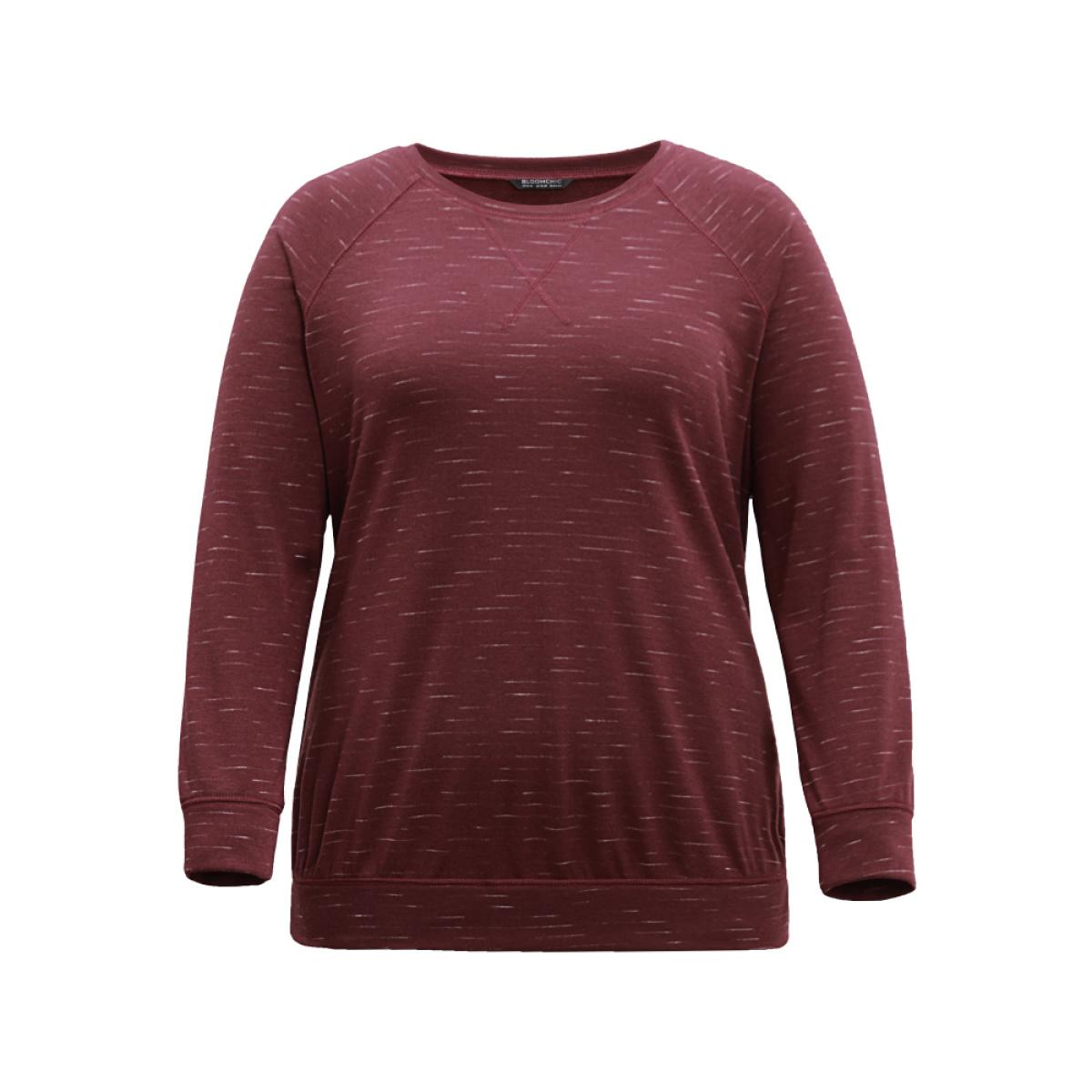 Plus Size Plain Stitch Raglan Sleeve Round Neck Sweatshirt Women Burgundy Casual Plain Round Neck Everyday Sweatshirts BloomChic 30/6X Product Image