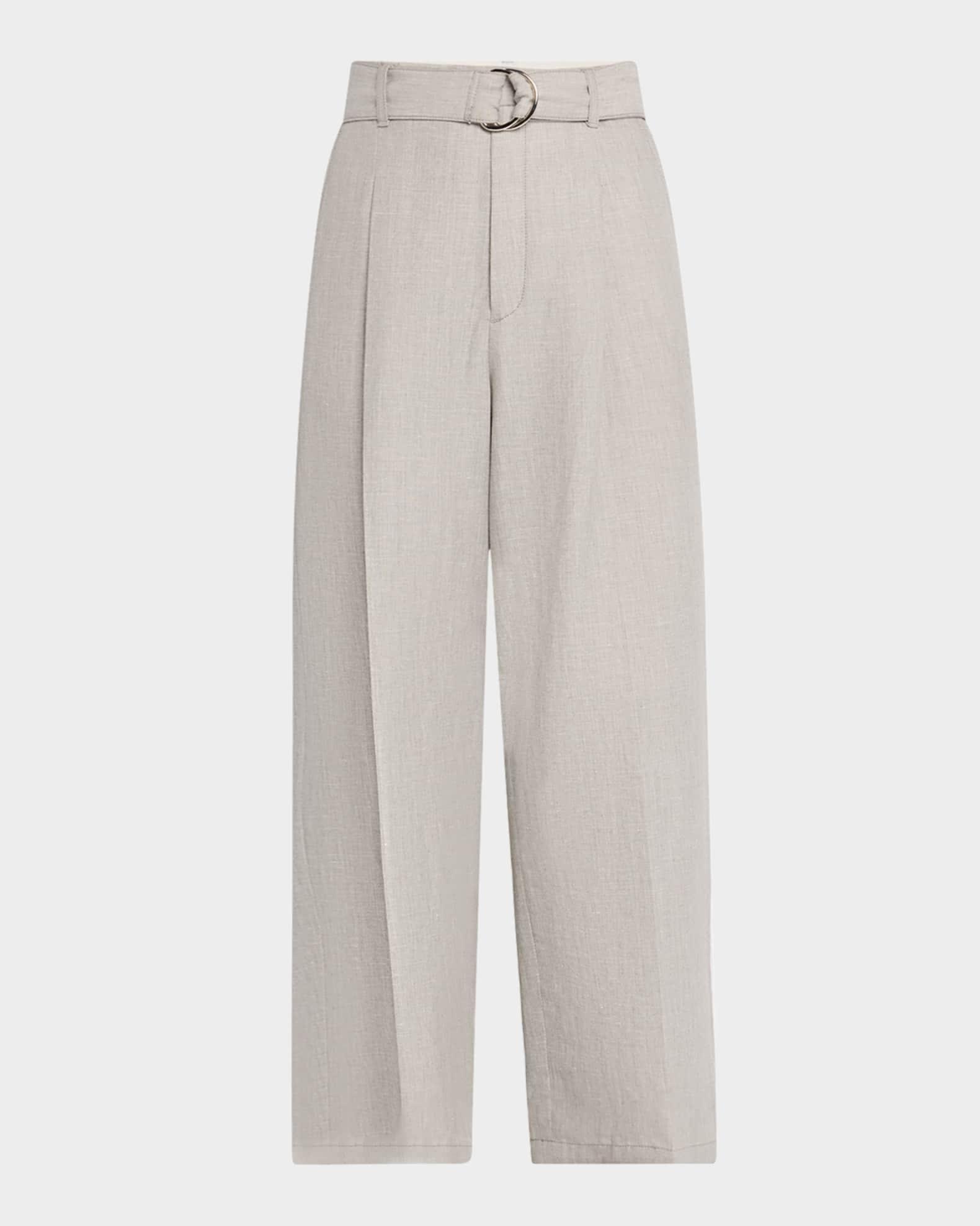 Chambray Belted Wide-Leg Cropped Pants Product Image