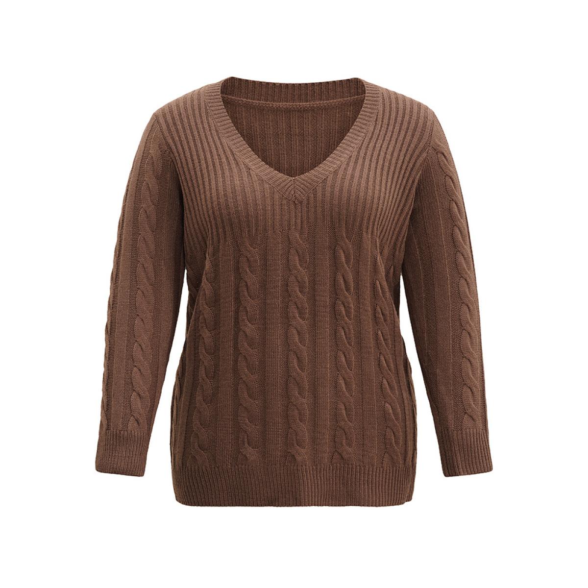 Plus Size Cable Knit Patchwork Plisse V Neck Pullover DarkBrown Women Casual Loose Long Sleeve V-neck Dailywear Pullovers BloomChic 10/M Product Image