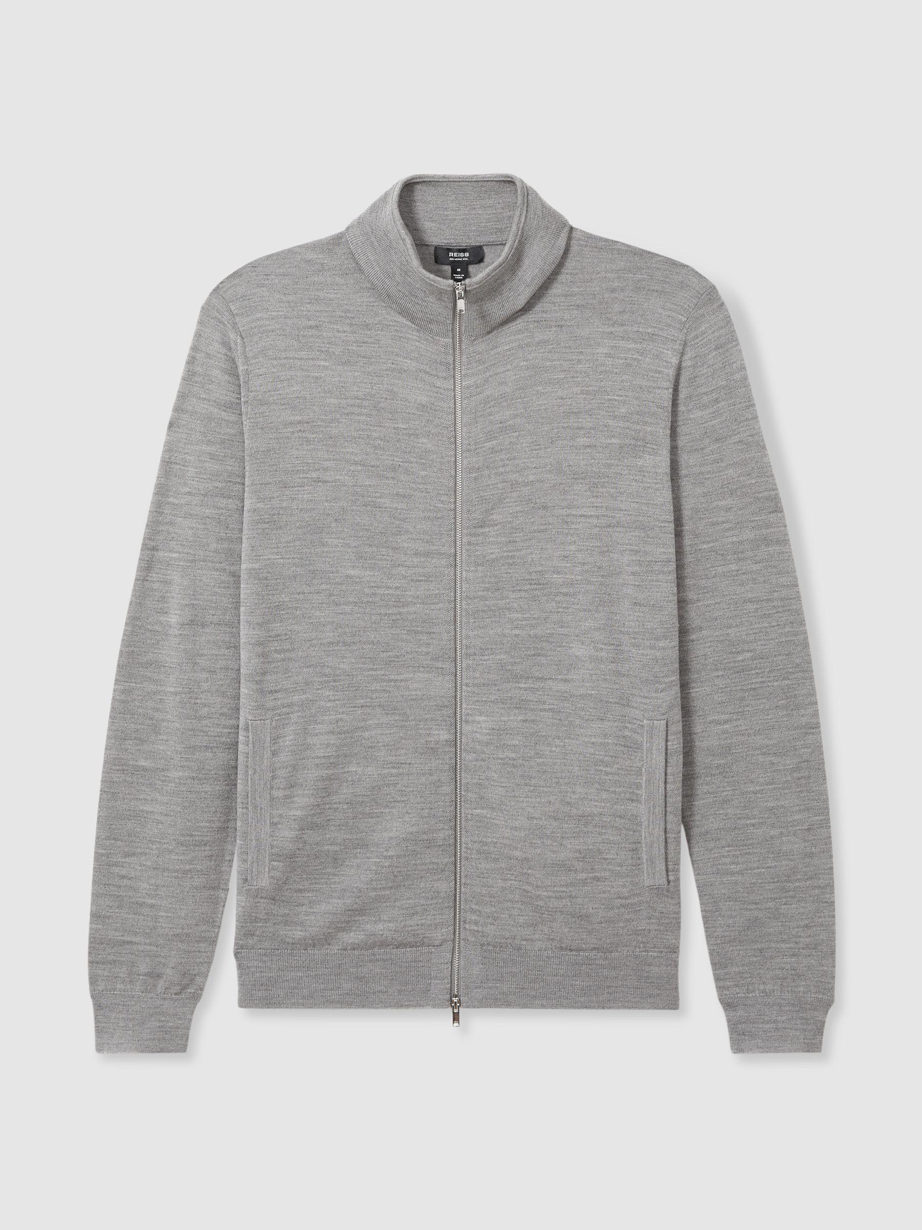 Merino Wool Funnel-Neck Cardigan in Warm Grey Melange Product Image