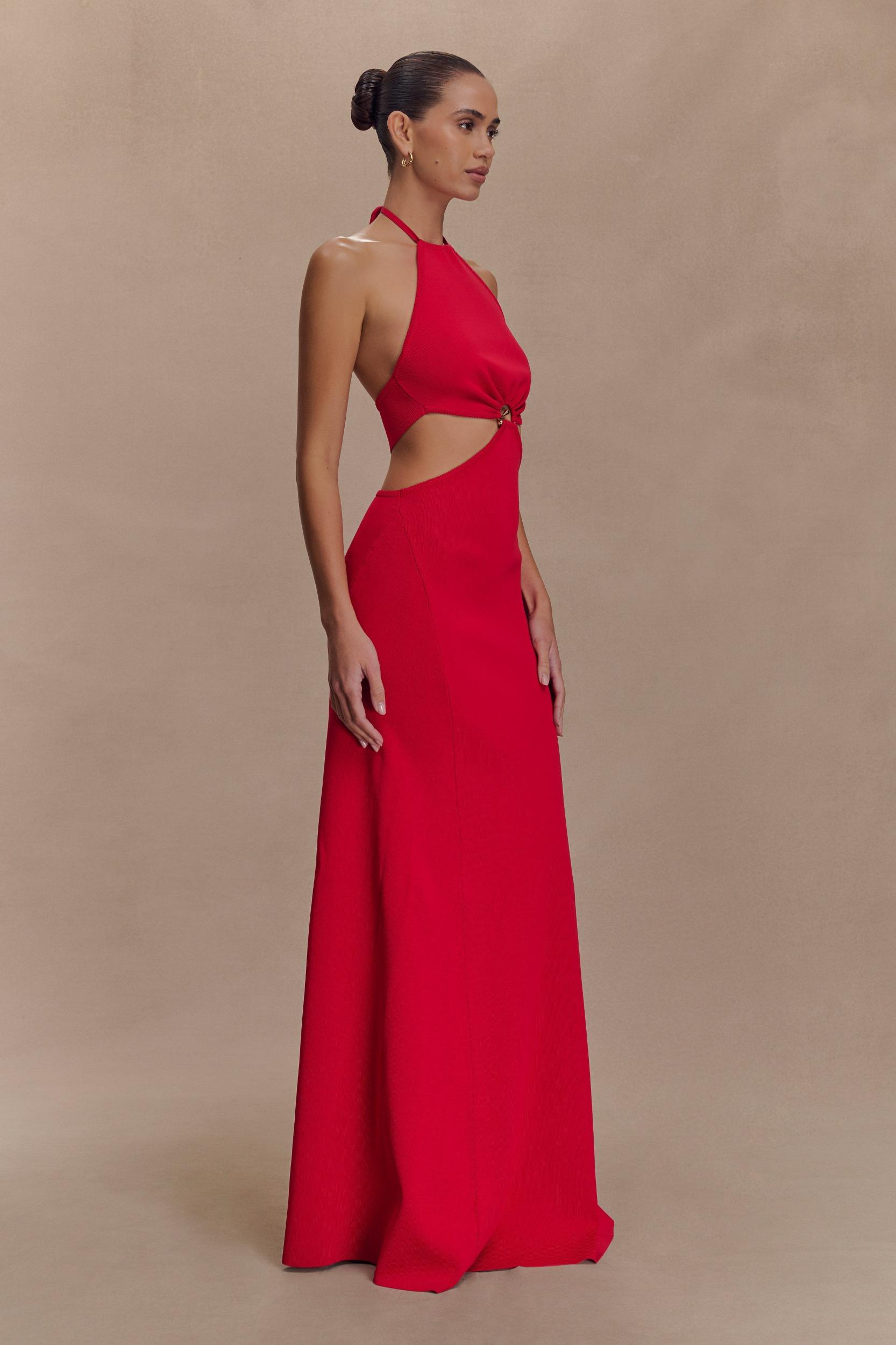 Marlowe Halter Knit Maxi Dress - Red Product Image