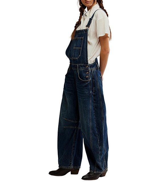 Free People We The Free Good Luck Denim Square Neck Barrel Leg Overalls Product Image