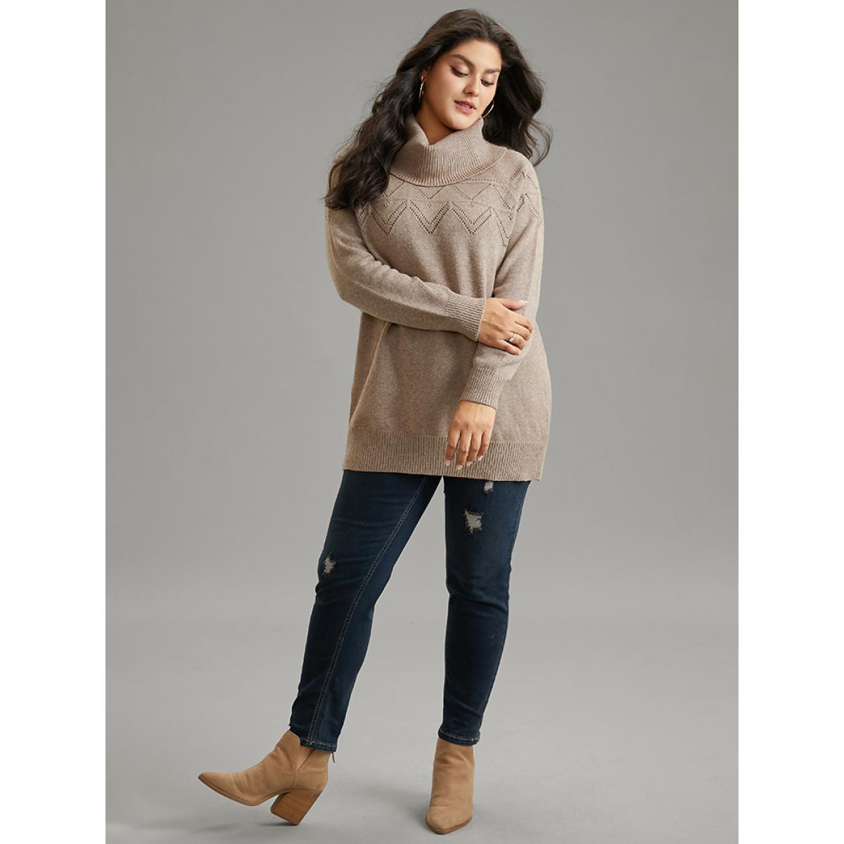 Plus Size Supersoft Essentials Anti-Pilling Turtle Neck Eyelet Pullover LightBrown Women Casual Loose Long Sleeve Turtleneck Dailywear Pullovers BloomChic 12/L Product Image