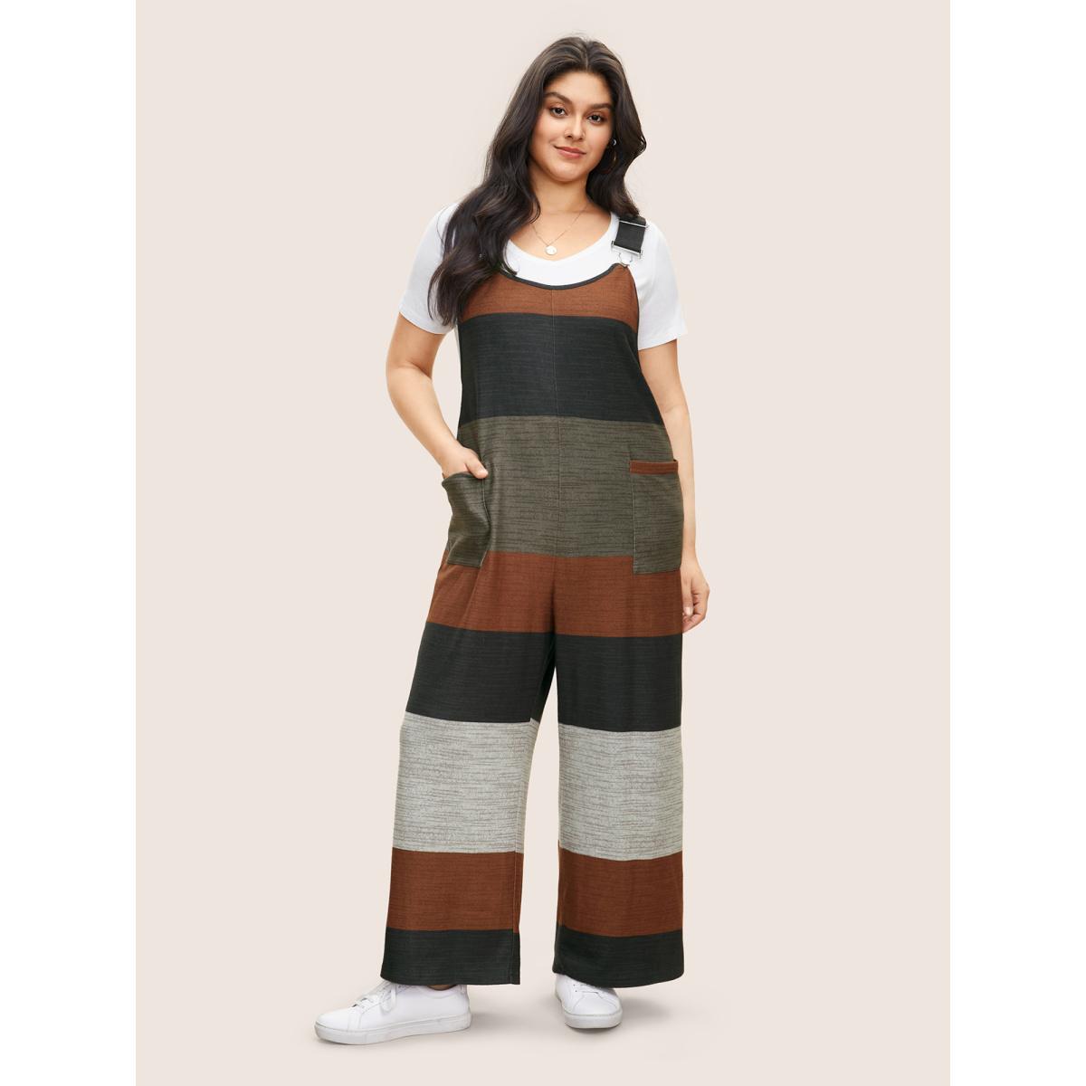 Plus Size Multicolor Colorblock Patchwork Patched Pocket Overall Jumpsuit Women Casual Sleeveless U-neck Everyday Loose Jumpsuits BloomChic 22-24/3X Product Image