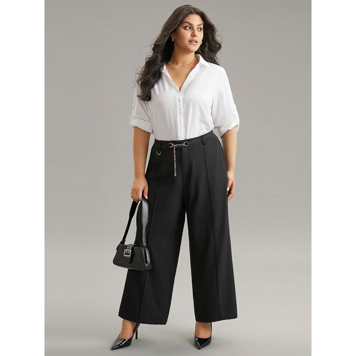 Plus Size Static-Free Elastic Waist Chain Belted Pleated Pants Women Black Office Straight Leg High Rise Office Pants BloomChic 22-24/3X Product Image