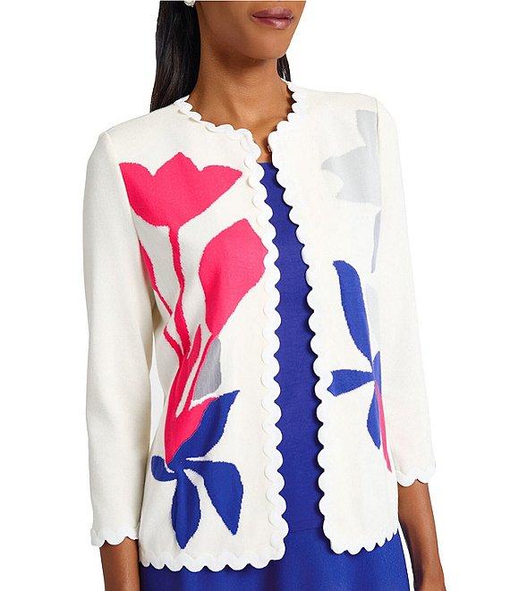 Ming Wang Floral Applique Soft Knit Scallop Round Neck 3/4 Sleeve Cardigan Product Image