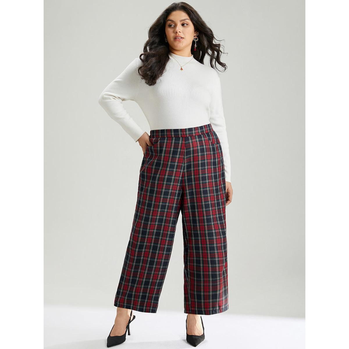 Plus Size Plaid Elastic Waist Pocket Straight Leg Pants Women Multicolor Elegant Straight Leg High Rise Festival-Christmas Pants BloomChic 14-16/1X Product Image