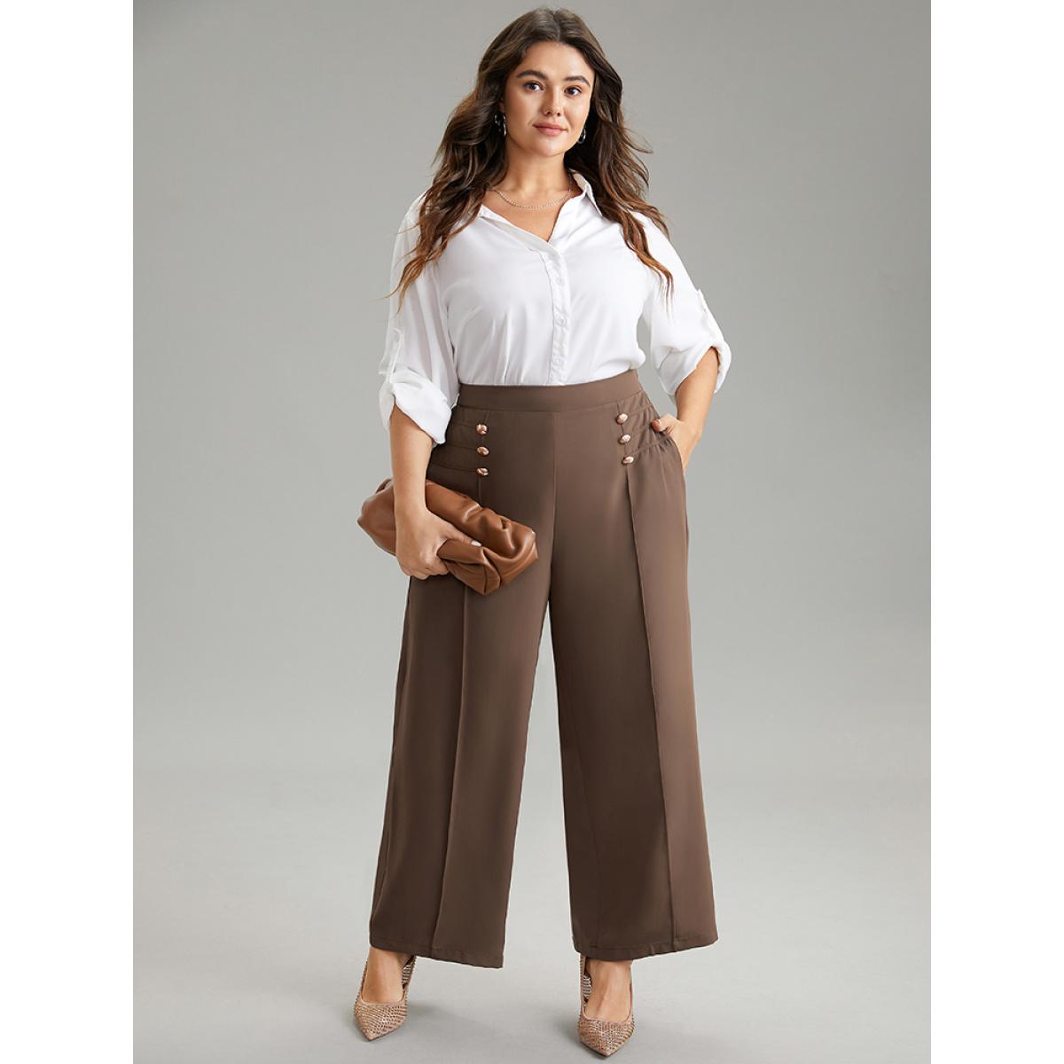 Plus Size Static-Free Button Detail Seam Detail Elastic Waist Pants Women Tan At the Office Wide Leg High Rise Office Pants BloomChic 30/6X Product Image