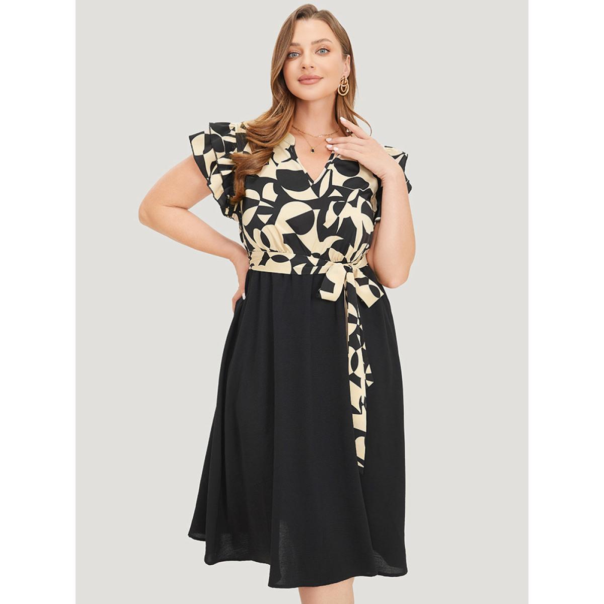 Plus Size Geometric Pocket Belted Ruffle Sleeve Notched Dress Tan Women Office Plain Notched collar Cap Sleeve Curvy Midi Dress BloomChic 30/6X Product Image