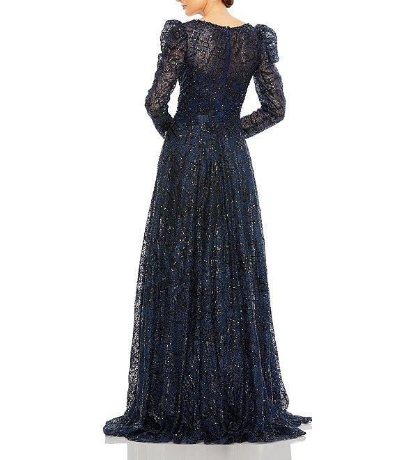 Mac Duggal Beaded V-Neckline Long Puff Sleeve A-Line Gown Product Image