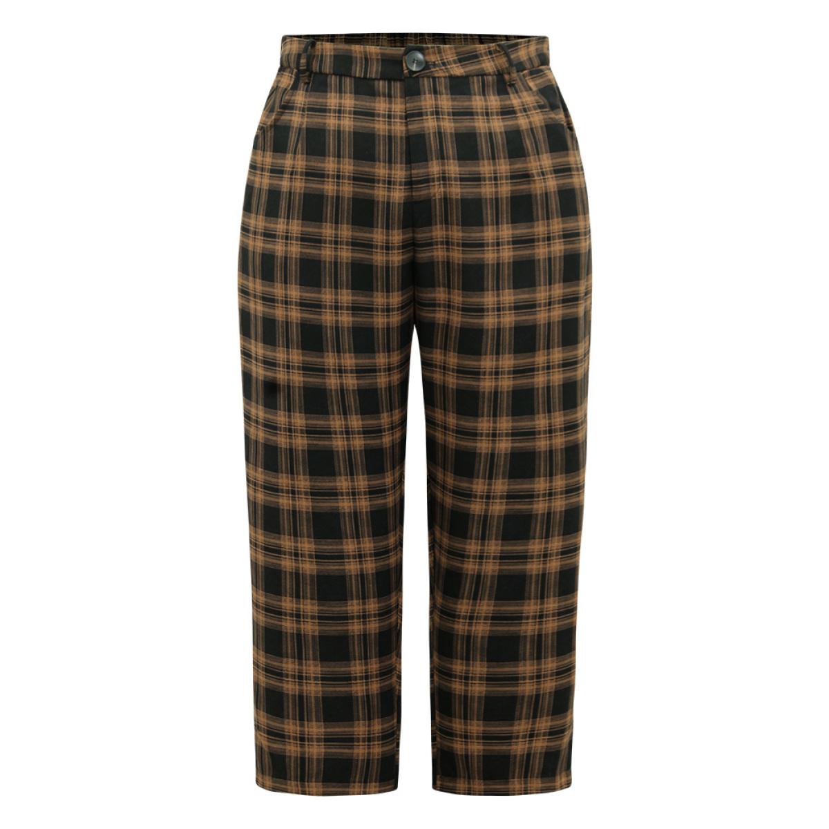 Plus Size Plaid High Rise Pocket Elastic Waist Pants Women Black Office Straight Leg High Rise Work Pants BloomChic 12/L Product Image