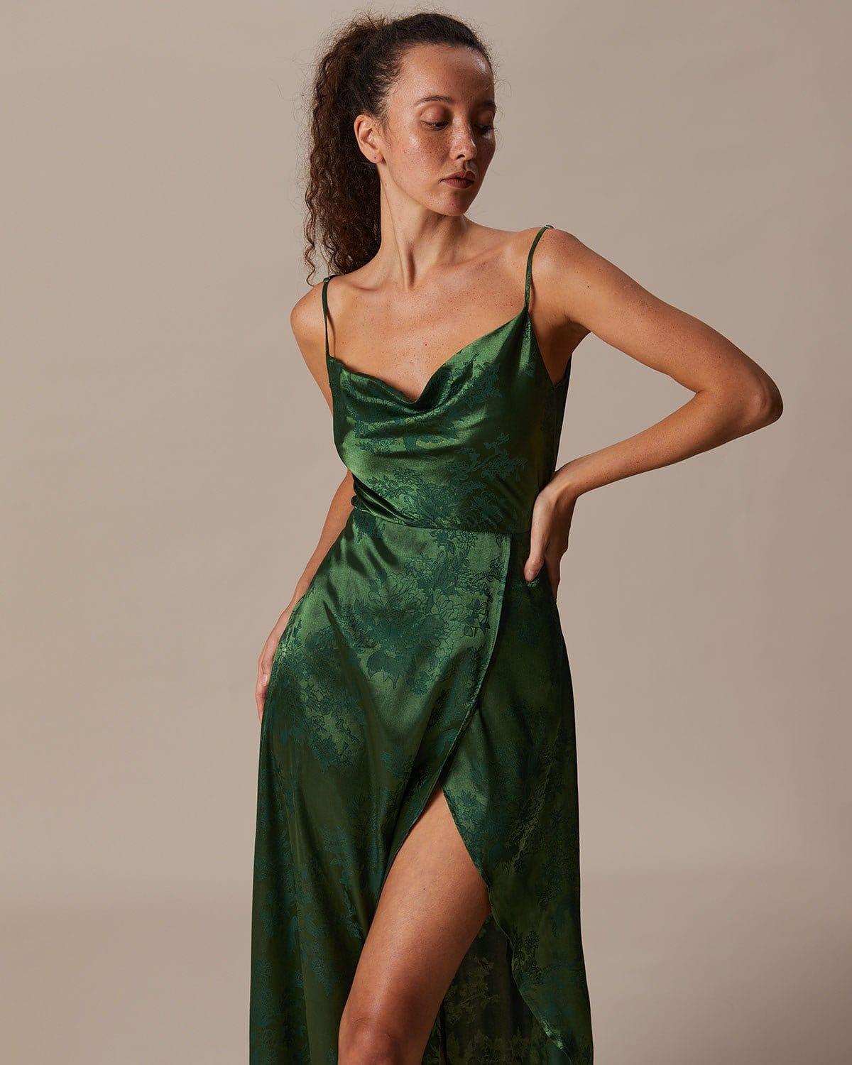 The Green Cowl Neck Jacquard Satin Maxi Dress Product Image