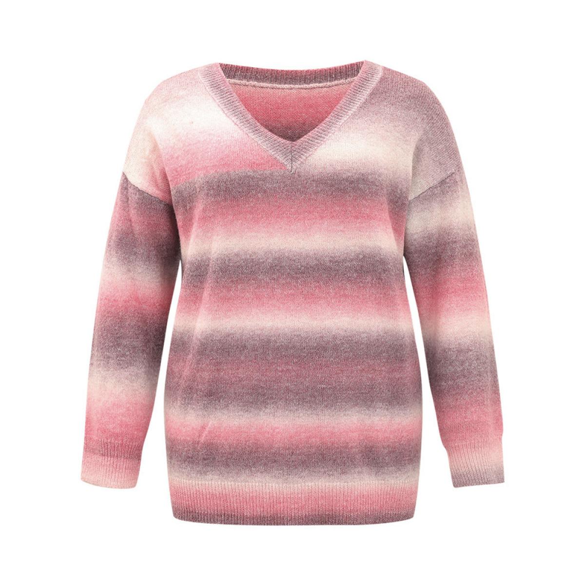 Plus Size Ombre Heather V Neck Elastic Cuffs Pullover Multicolor Women Casual Loose Long Sleeve V-neck Dailywear Pullovers BloomChic 22-24/3X Product Image