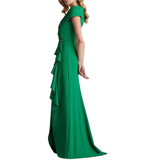 Tadashi Shoji Pleated Portrait Collar Ruffle Front Crepe Sheath Gown Product Image