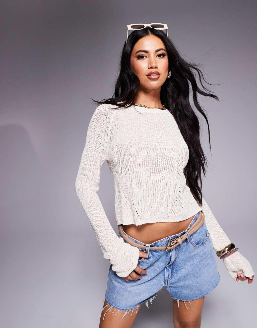 ASOS DESIGN knitted open back sweater in textured yarn in cream Product Image