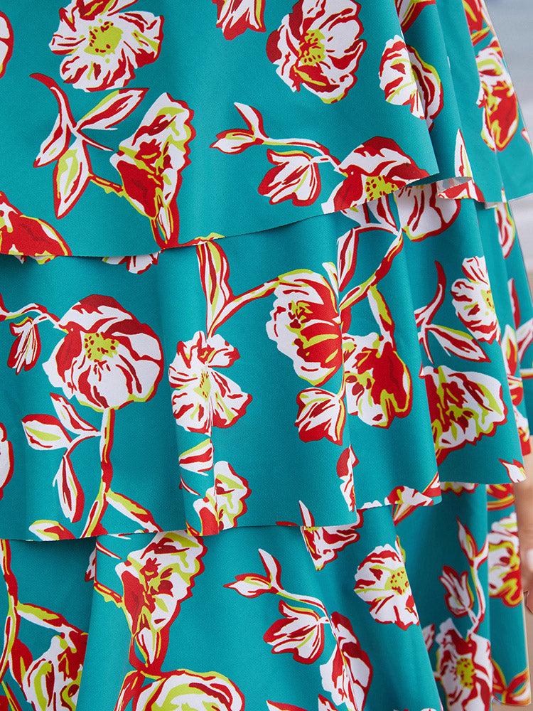 Floral Adjustable Straps Knotted Ruched Ruffle Tiered Swim Dress Female Product Image