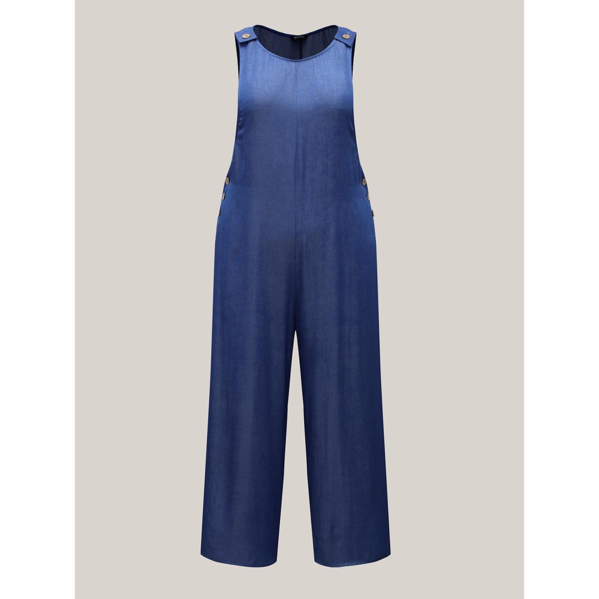 Plus Size Mediumblue Adjustable Straps Fake-Denim Jumpsuit Women Elegant Sleeveless U-neck Elegant Loose Jumpsuits BloomChic 14-16/1X Product Image