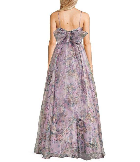 City Vibe Floral Print Square Neck Sleeveless Back Sash Tie Ballgown Product Image