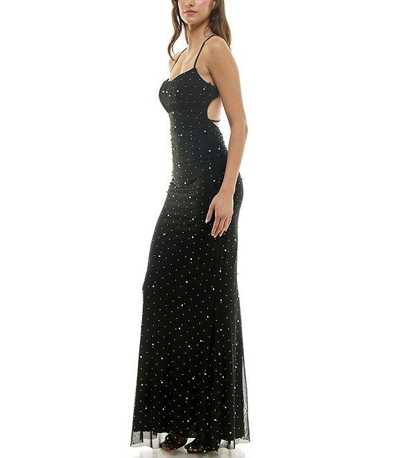 B. Darlin Stone Pearl Square Neck Spaghetti Strap Shirred Open Back Dress Product Image