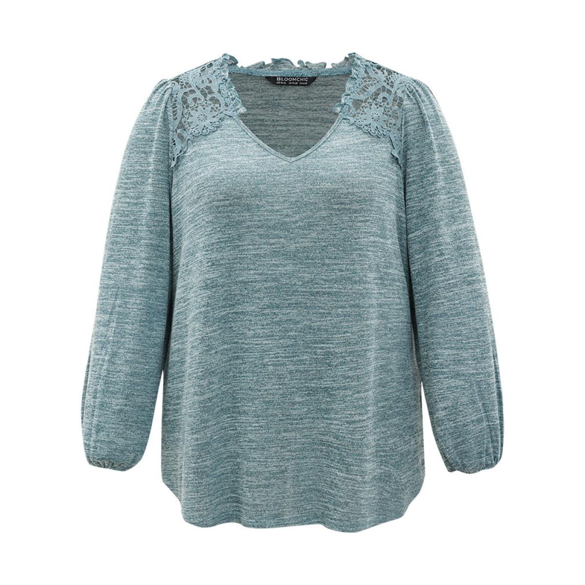 Plus Size Lace Insert Curved Hem Lantern Sleeve Sweatshirt Women Cyan Elegant Elastic cuffs V-neck Dailywear Sweatshirts BloomChic 30/6X Product Image