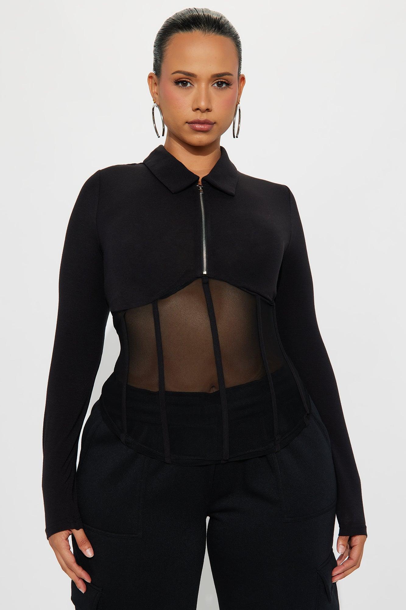 Nessie Long Sleeve Collared Corset Top - Black Female Product Image