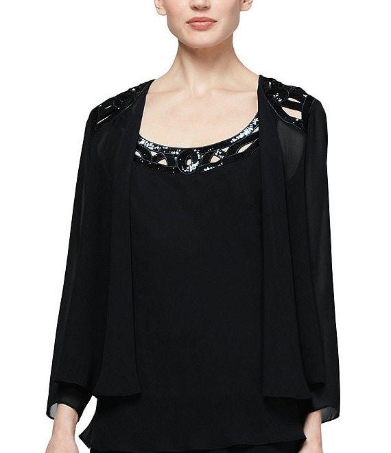 Ignite Evenings Petite Size Sequin Trim Scoop Neck Long Sleeve Tiered Jacket Dress Product Image