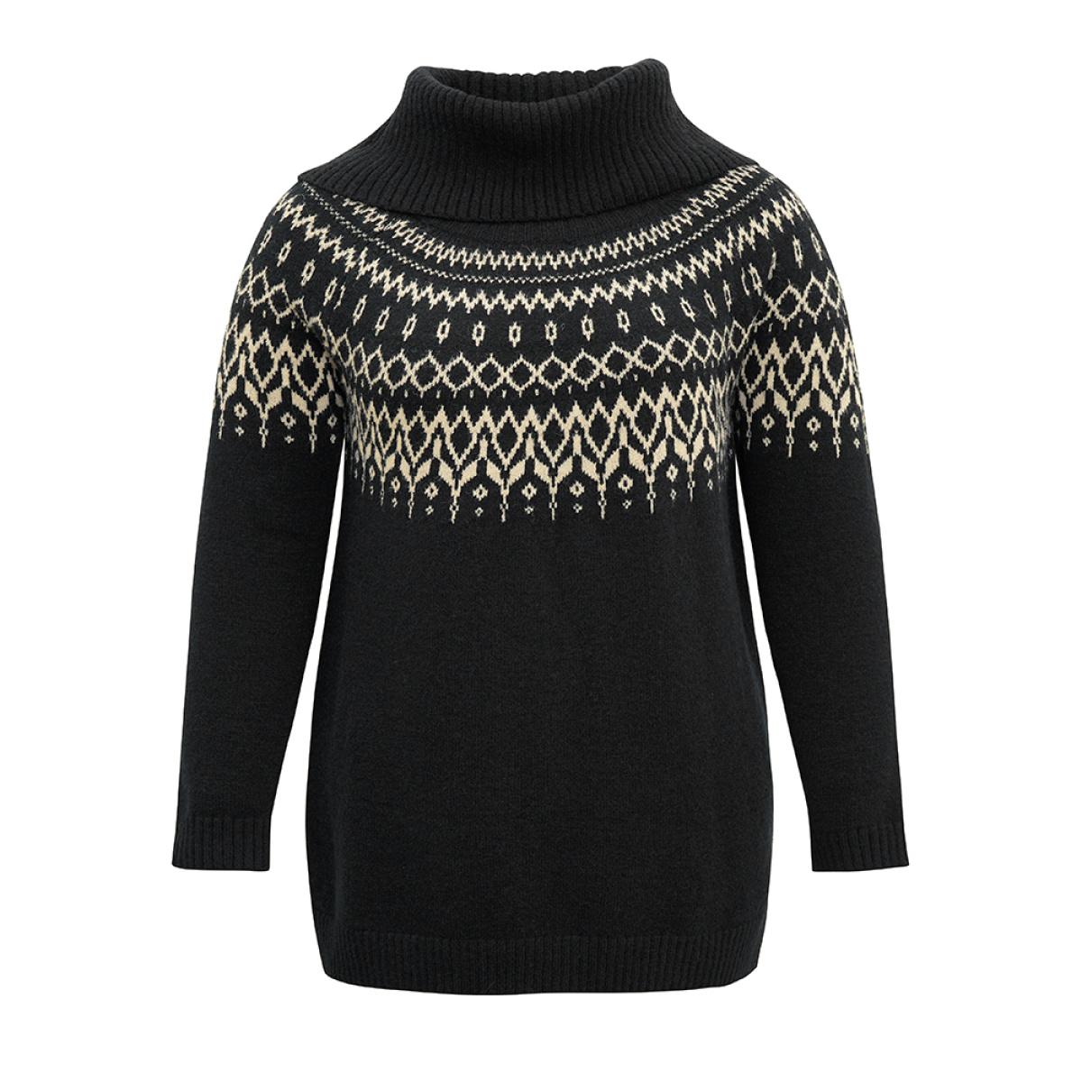 Plus Size Bandana Print Turtle Neck Elastic Cuffs Pullover Black Women Casual Loose Long Sleeve Turtleneck Dailywear Pullovers BloomChic 10/M Product Image