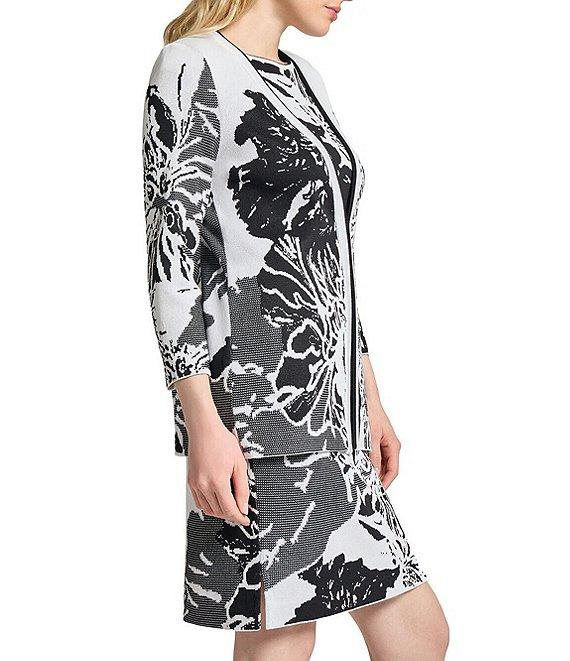 Ming Wang Floral Jacquard Knit Open Front Bracelet Sleeve Cardigan Product Image