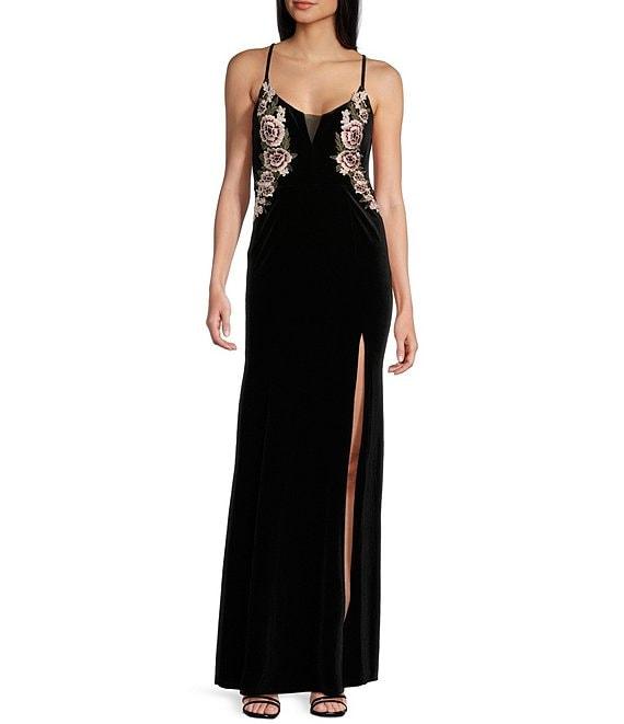 Pear Culture Spaghetti Strap Embellished Side Slit Velvet Long Dress Product Image