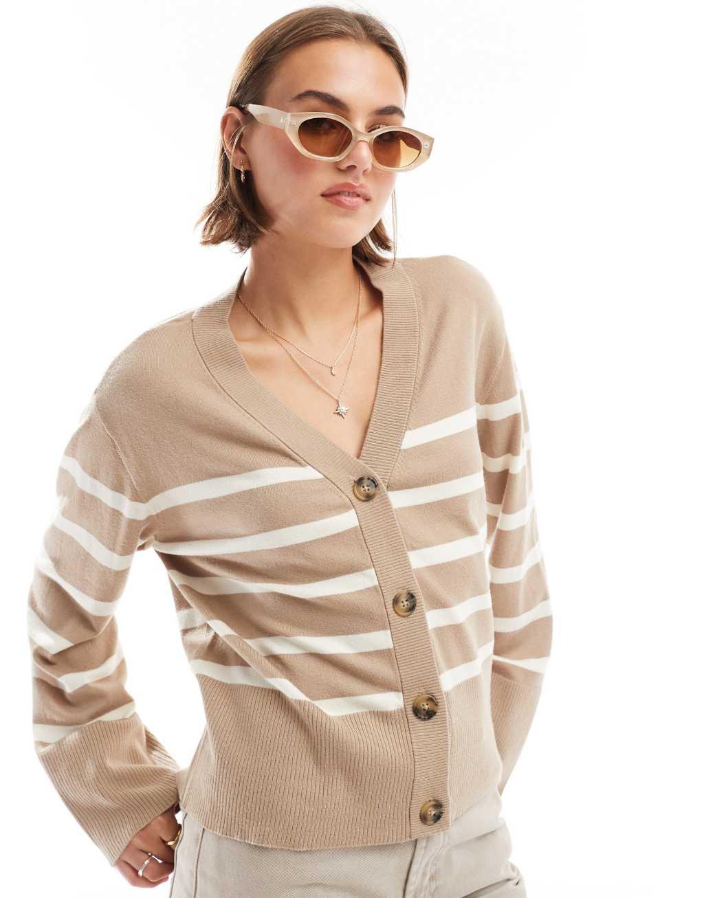 Pieces cardigan in beige and white stripe Product Image