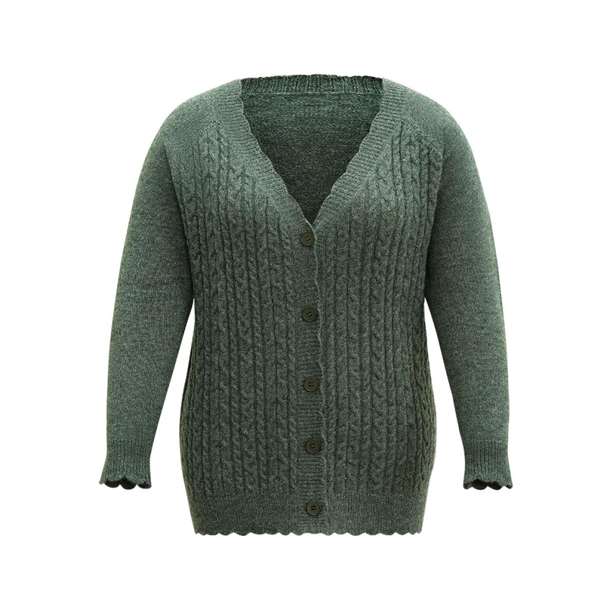 Plus Size Solid Cable Knit Scalloped Trim Cardigan DarkGreen Women Casual Loose Long Sleeve Dailywear Cardigans BloomChic 26/4X Product Image