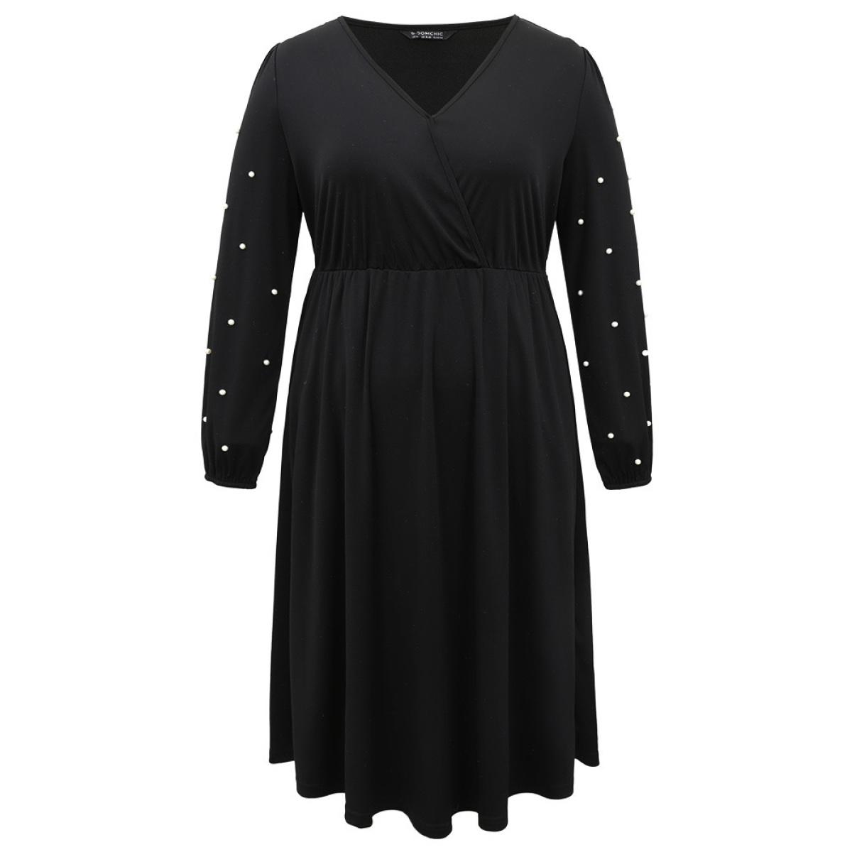 Plus Size Beaded Overlap Collar Pocket Elastic Waist Dress Black Women Elegant Elastic cuffs Overlap Collar Long Sleeve Curvy Midi Dress BloomChic 18-20/2X Product Image