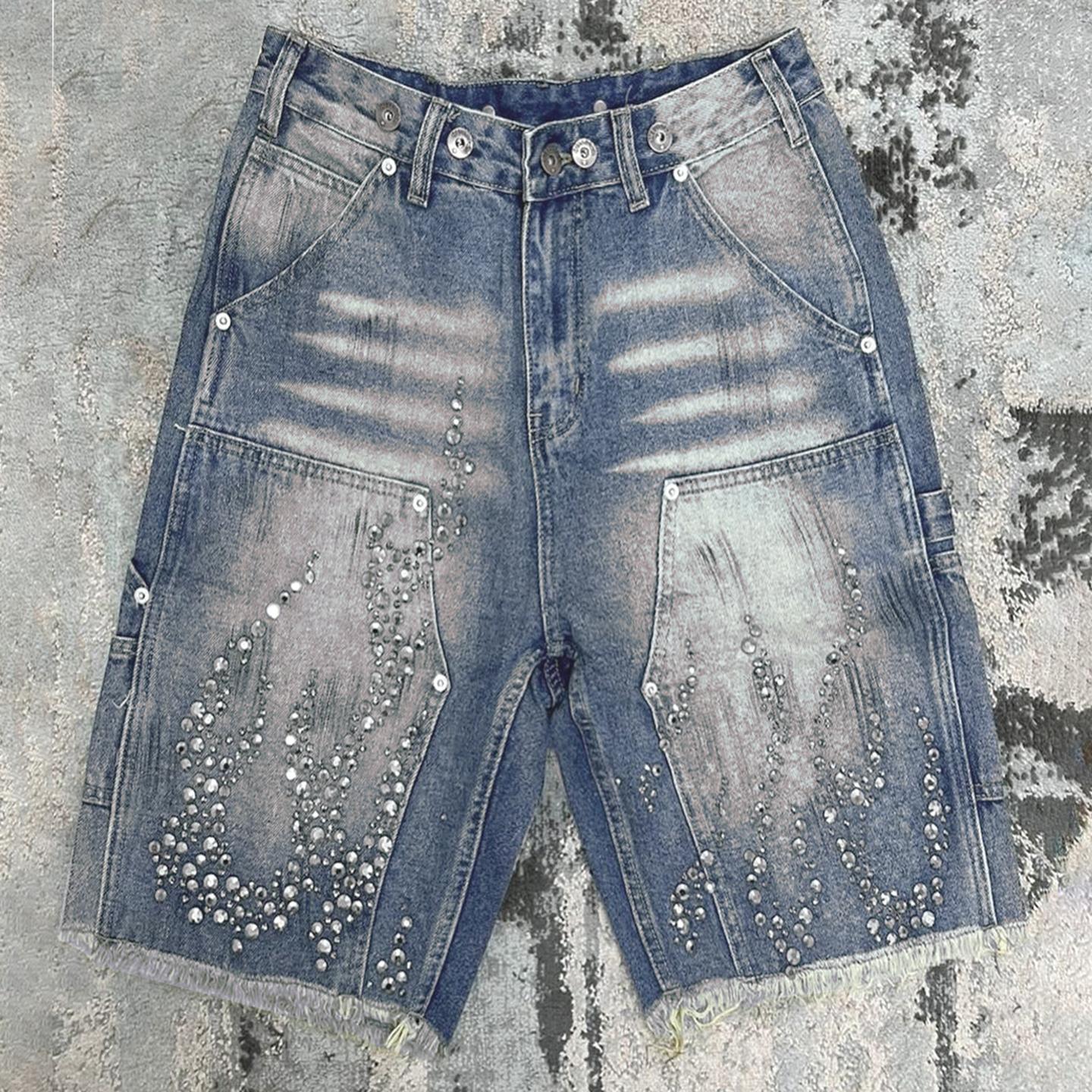 Hiphop Street Flame Rhinestone Five-point Denim Shorts Product Image