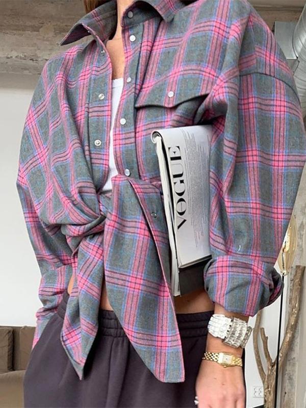 Vintage Plaid Print Long Sleeve Blouse Product Image