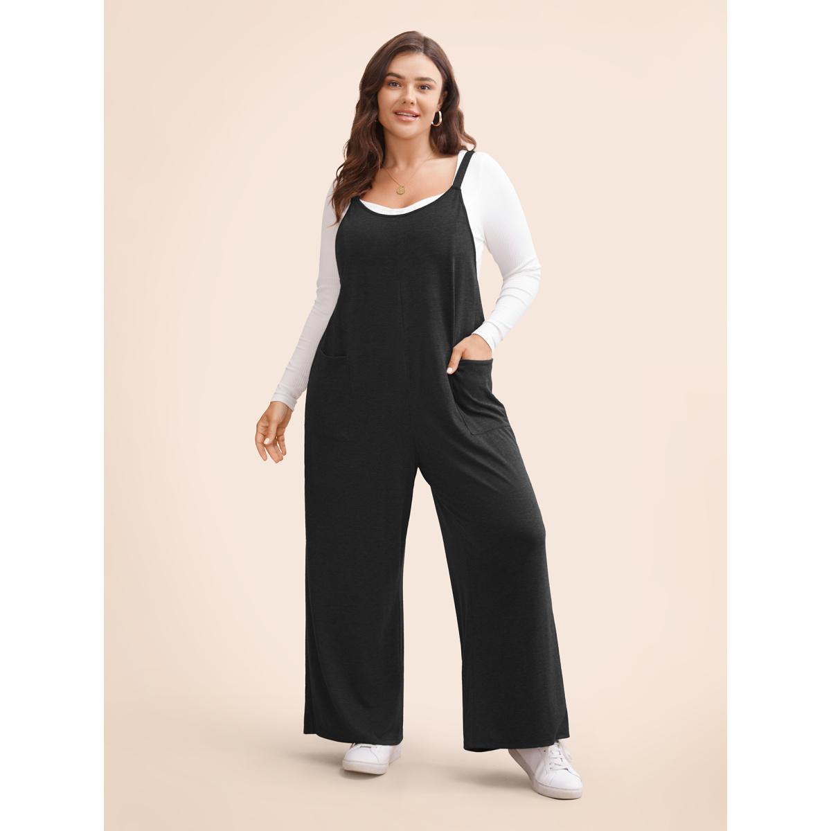 Plus Size Black Supersoft Essentials Solid Patched Pocket Overall Cami Jumpsuit Women Casual Sleeveless V-neck Dailywear Loose Jumpsuits BloomChic 22-24/3X Product Image
