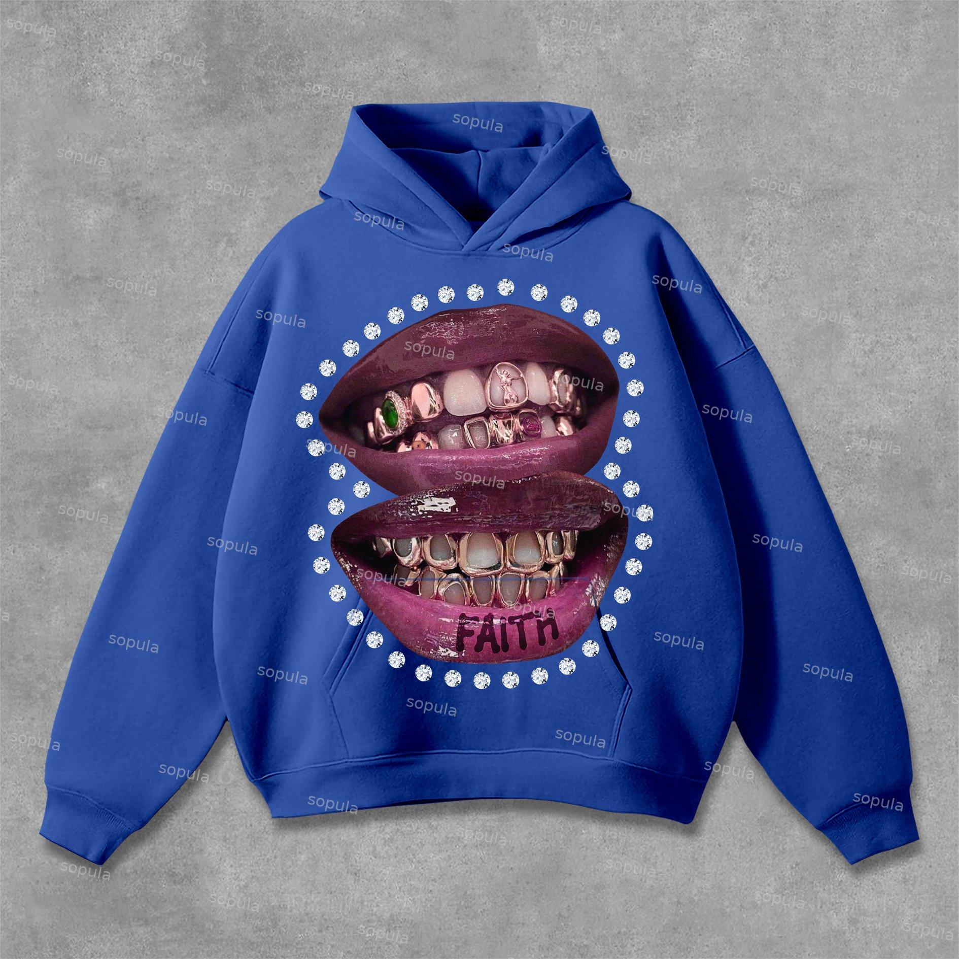 Sopula Diamond Teeth Lips Faith Graphics Pocket Hoodie Product Image