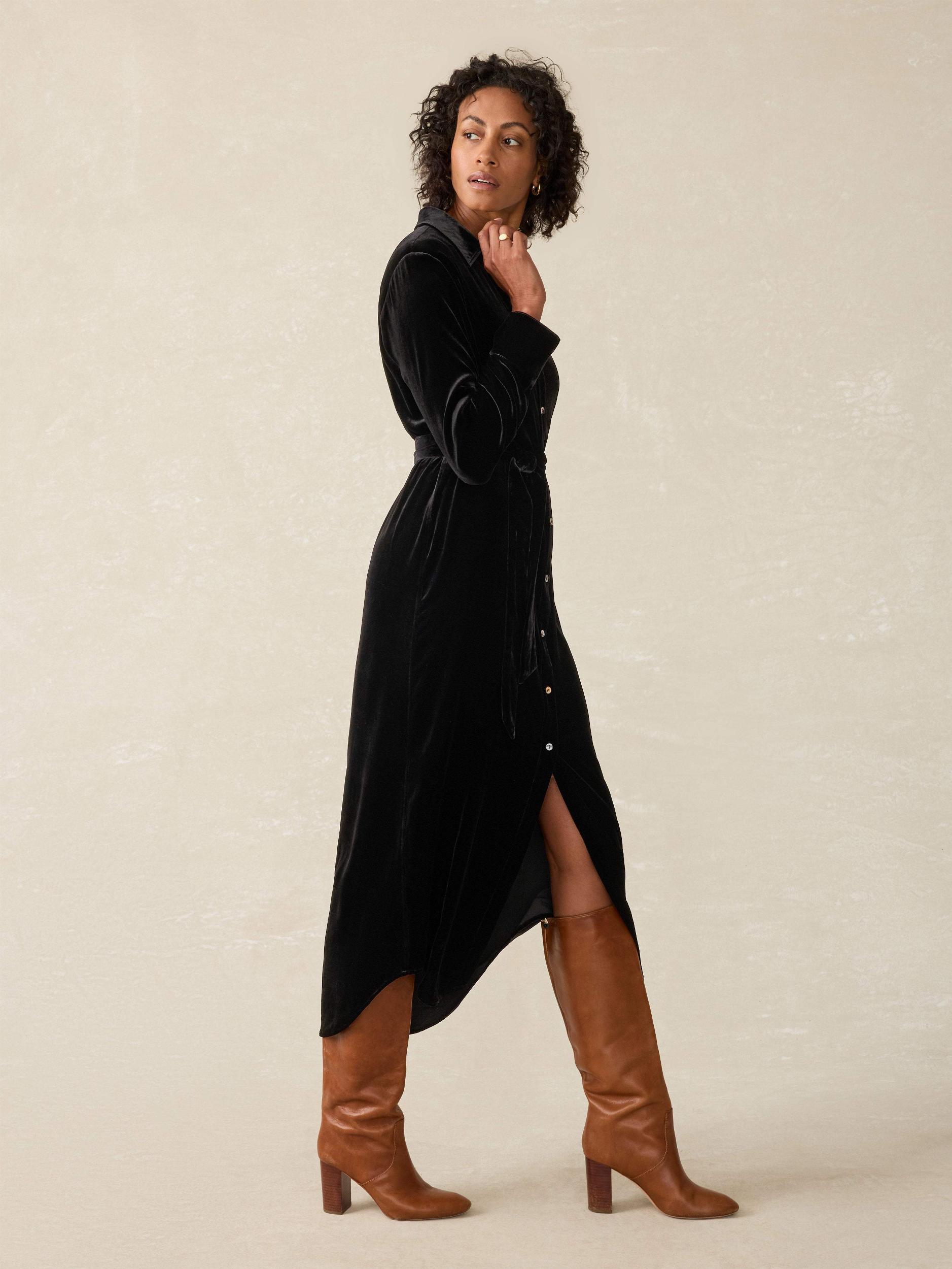 Stretch Silk Velvet Riley Midi Dress - Black Female Product Image