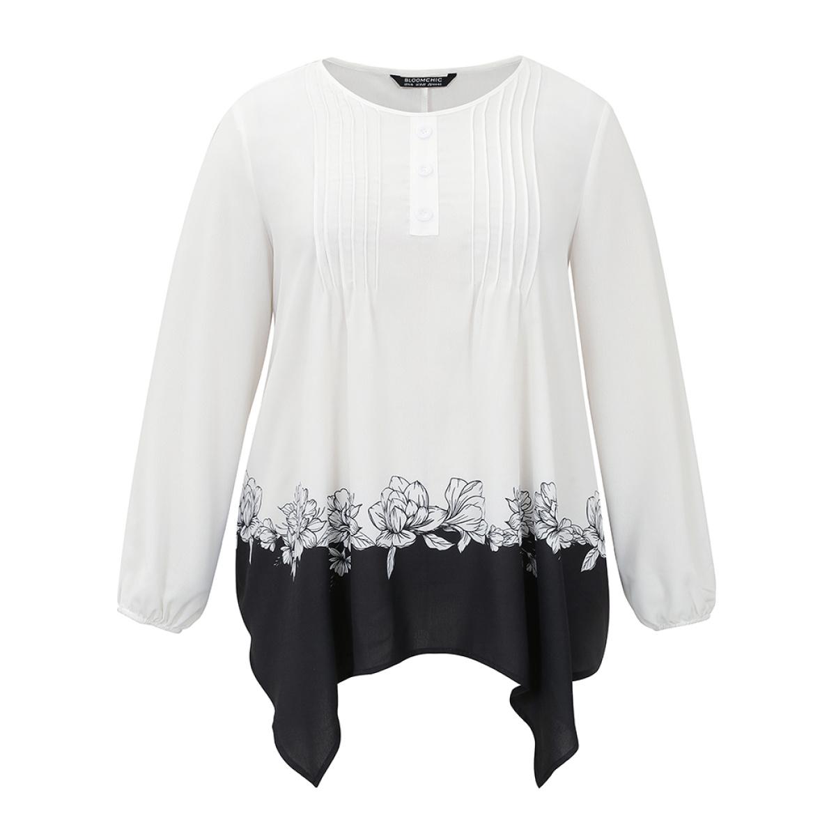 Plus Size White Boho Print Contrast Pleated Hanky Hem Blouse Women Vacation Long Sleeve Round Neck Vacation Blouses BloomChic 18-20/2X Product Image