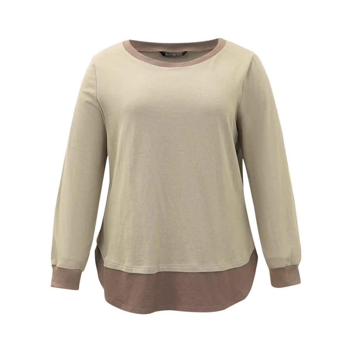 Plus Size Cotton Two Tone Layered Sweatshirt Women LightBrown Casual Arc Hem Round Neck Dailywear Sweatshirts BloomChic 10/M Product Image