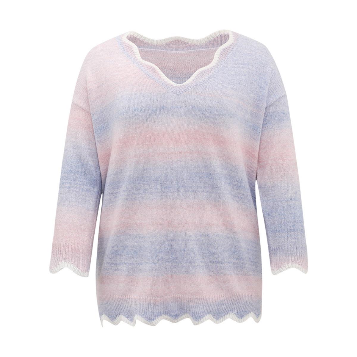 Plus Size Anti-Pilling Ombre Heather Scalloped Trim Pullover Crepe Women Casual Loose Long Sleeve V-neck Dailywear Pullovers BloomChic 30/6X Product Image