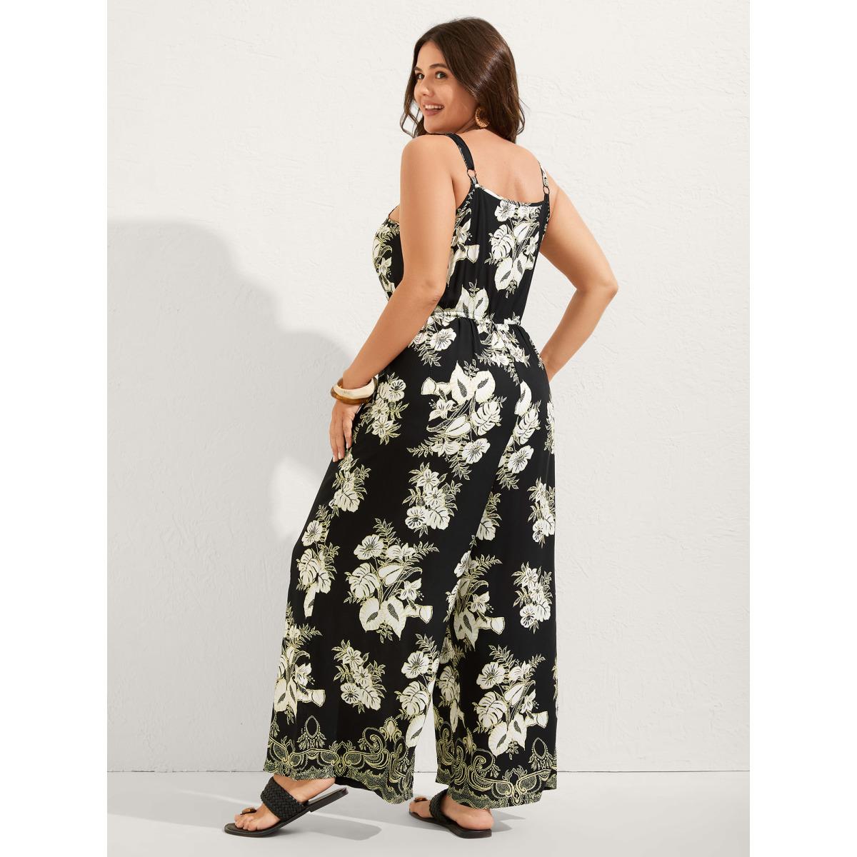 Plus Size Black Boho Floral Cami Pockets Jumpsuit Women Sleeveless Heart neckline Vacation Loose Jumpsuits BloomChic 22-24/3X Product Image
