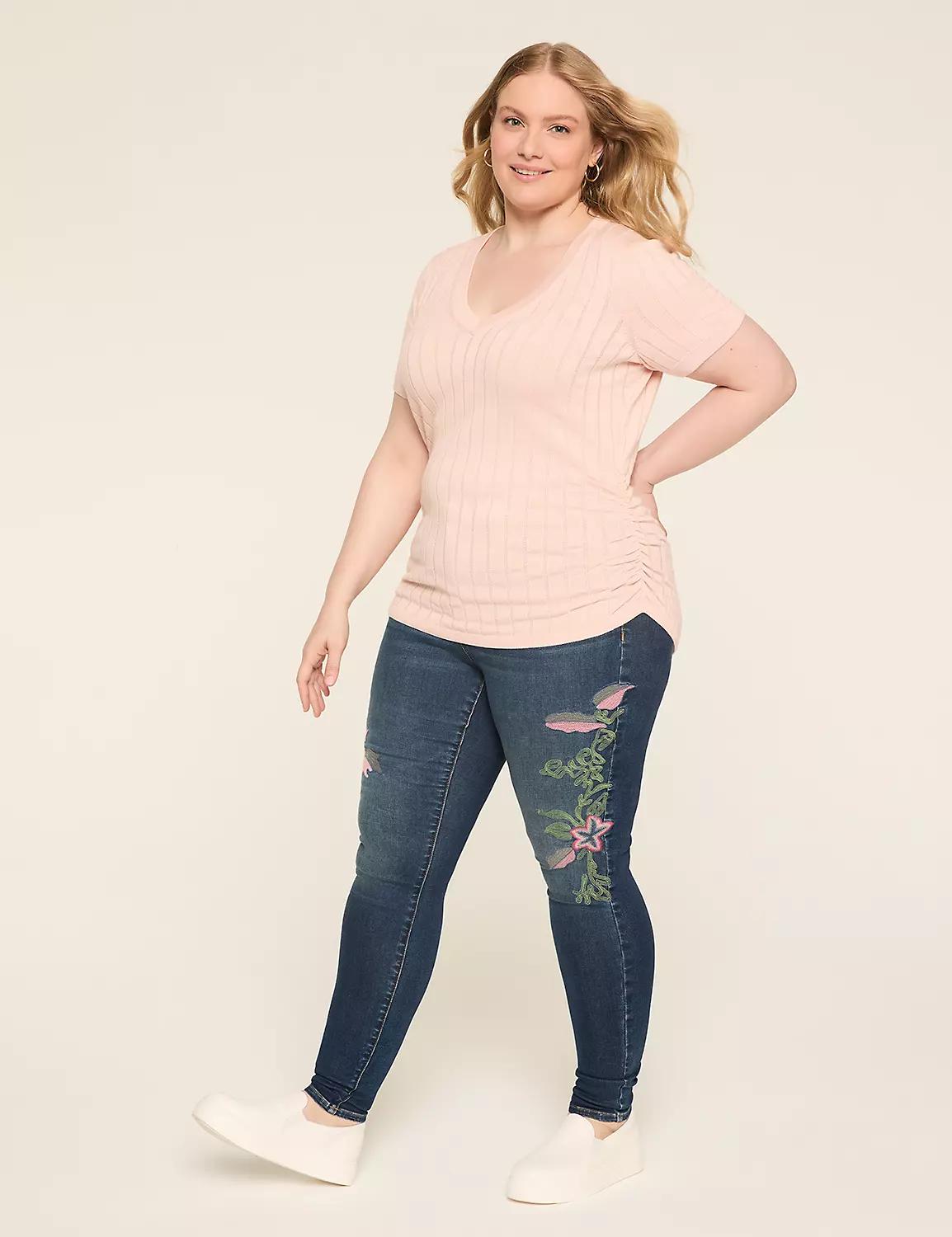 Fitted Short-Sleeve Side-Ruched Sweater Product Image