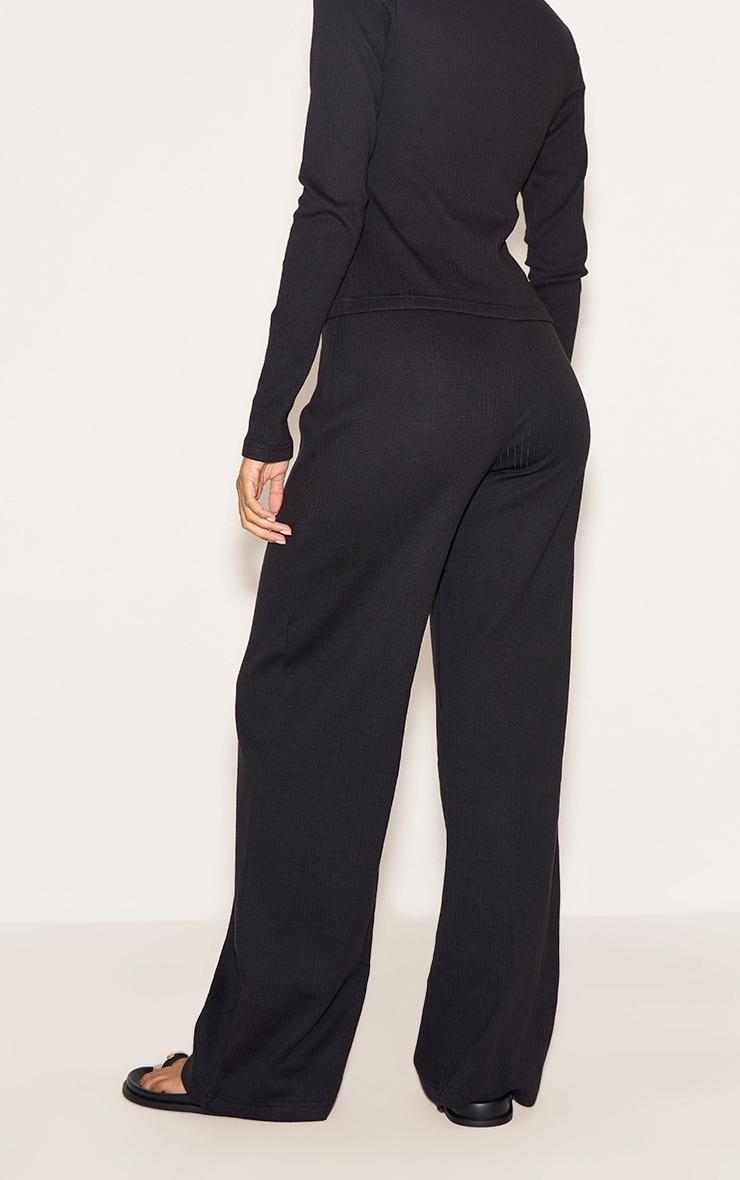 Black Mid Rise Ribbed Wide Leg Pant Product Image