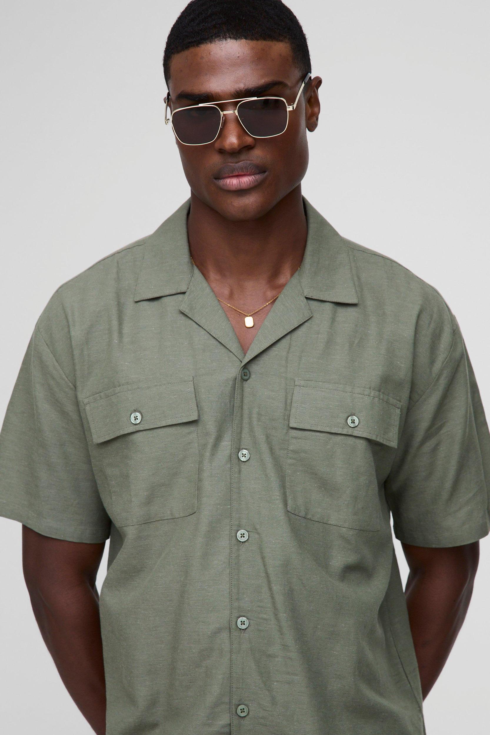 Oversized Linen Blend Look Cargo Pocket Shirt & Short Set | boohooMAN USA Product Image