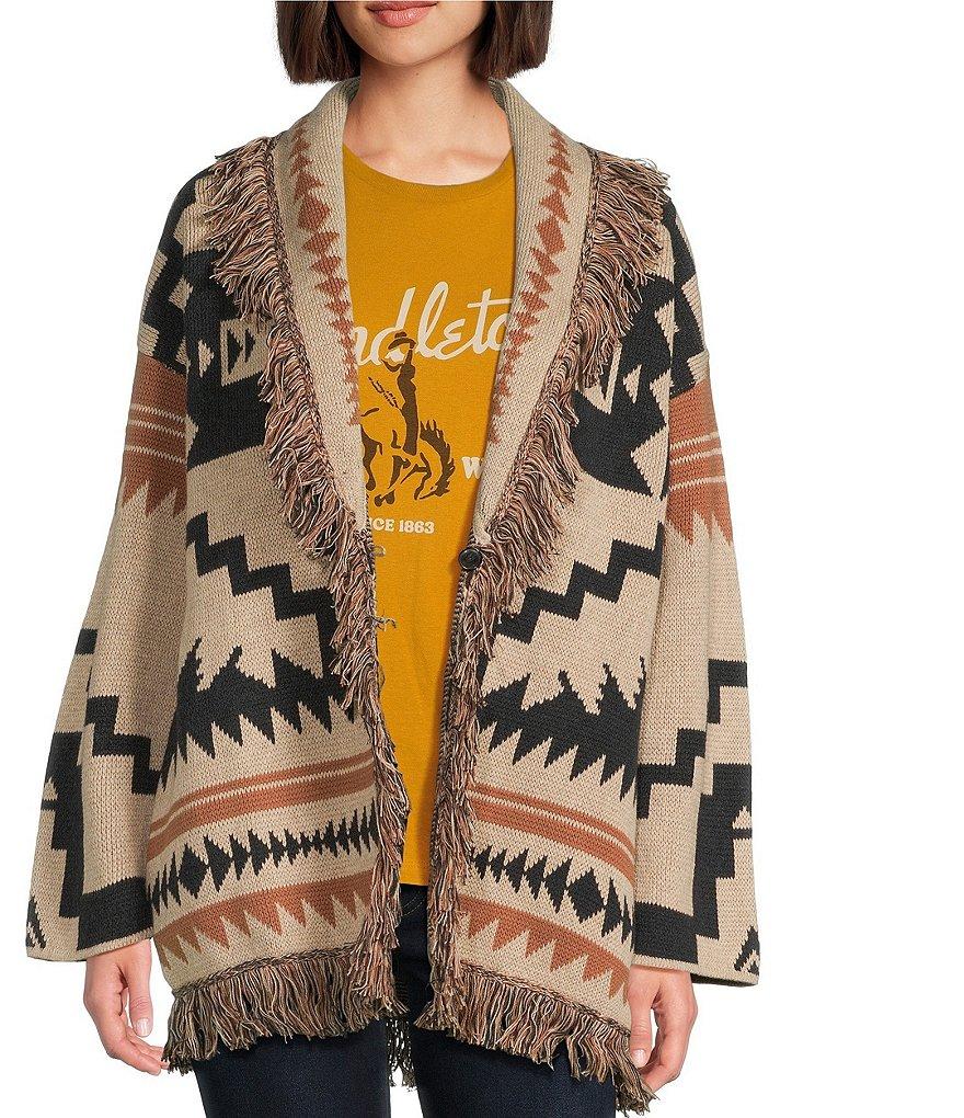 Pendleton Graphic Fringe Shawl Collar Long Sleeve Cardigan Product Image