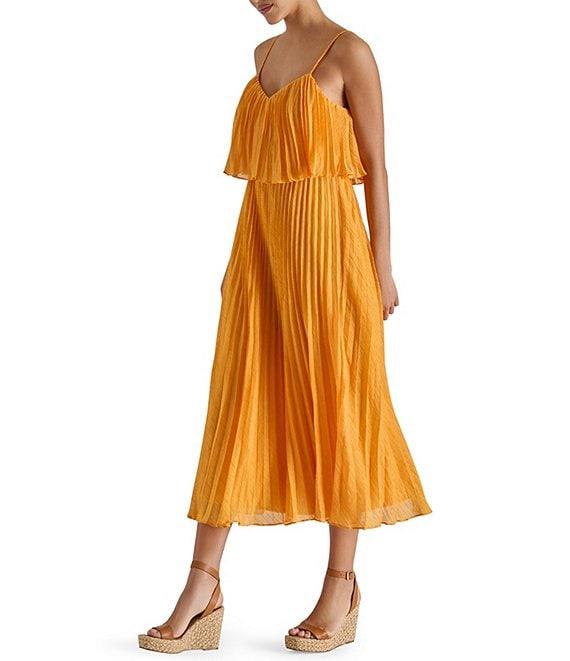 Steve Madden Sakura Pleated Woven V Neck Sleeveless Fit and Flare Midi Dress Product Image
